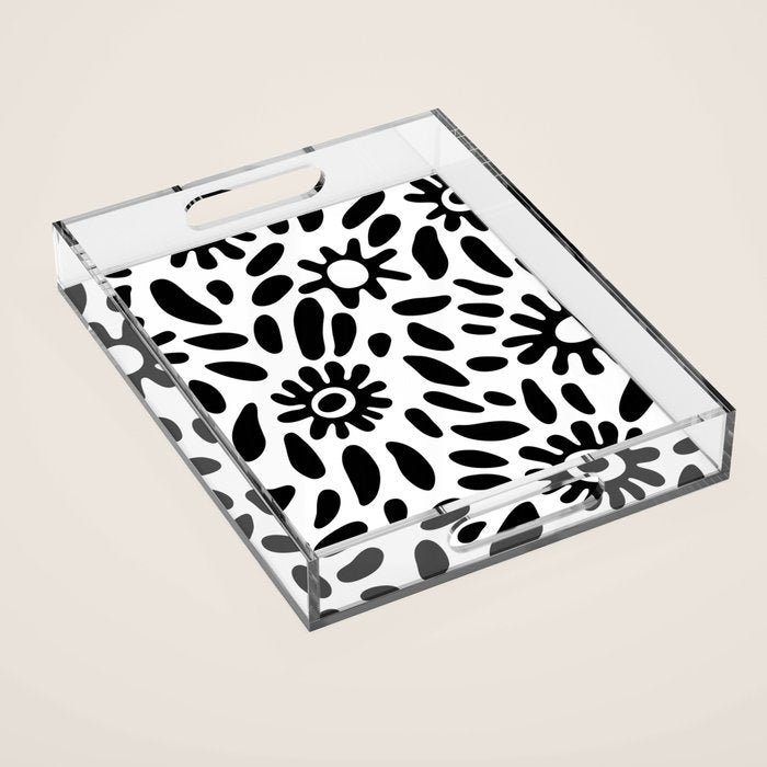 Abstract black and white flower nature art pattern Acrylic Tray Gallery Image 1