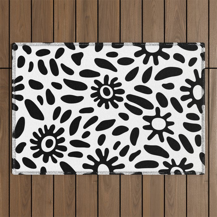Abstract black and white flower nature art pattern Outdoor Rug Gallery Image 1