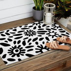 Abstract black and white flower nature art pattern Outdoor Rug Gallery Image 2