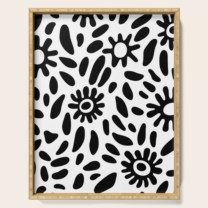 Abstract black and white flower nature art pattern Serving Tray Gallery Image 1