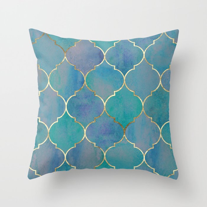 Teal Purple Gold Quatrefoil Moroccan Pattern Throw Pillow Gallery Image 1