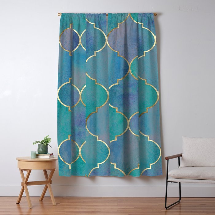 Teal Purple Gold Quatrefoil Moroccan Pattern Window Curtain Gallery Image 1
