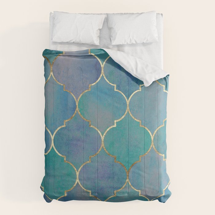 Teal Purple Gold Quatrefoil Moroccan Pattern Comforter Gallery Image 6