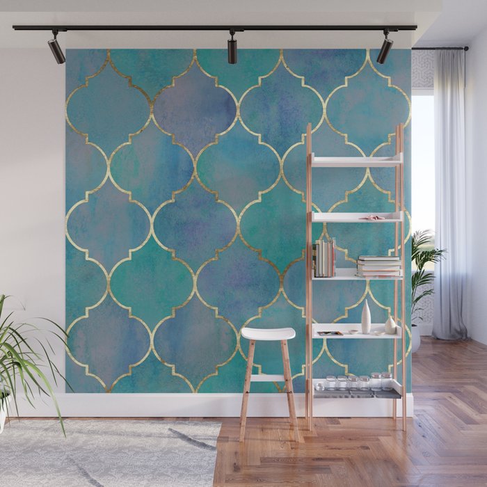 Teal Purple Gold Quatrefoil Moroccan Pattern Wall Mural Gallery Image 1