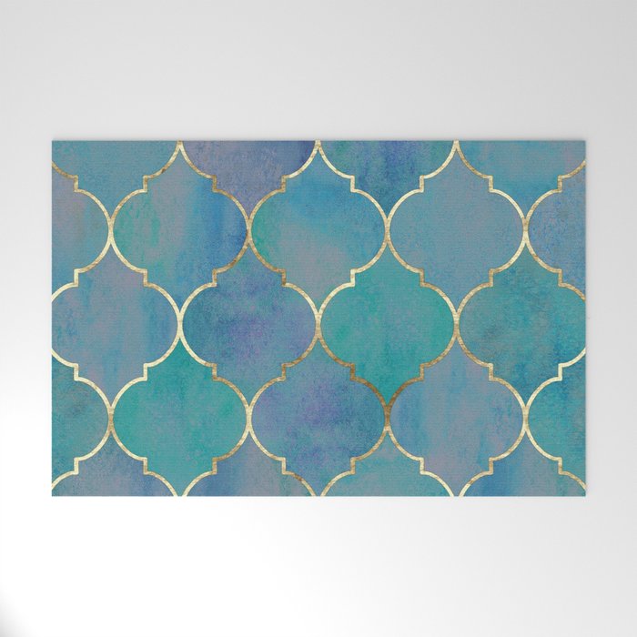 Teal Purple Gold Quatrefoil Moroccan Pattern Welcome Mat Gallery Image 1