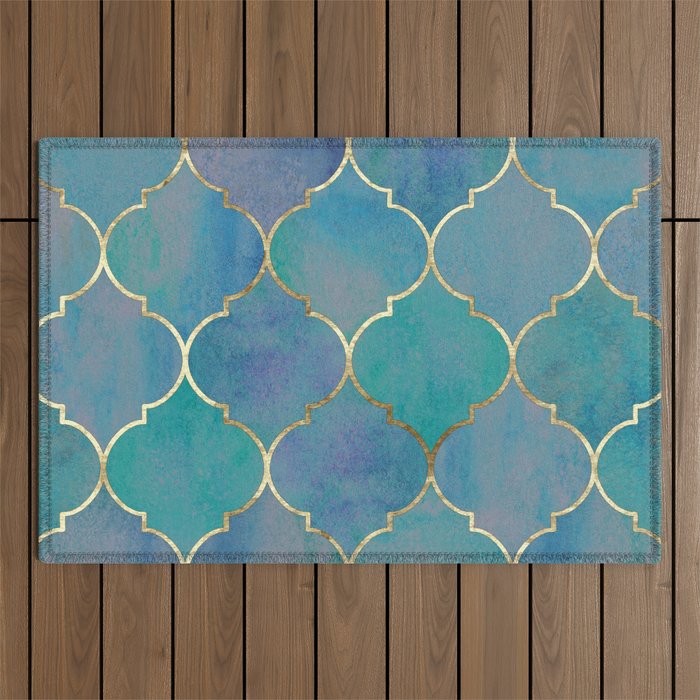 Teal Purple Gold Quatrefoil Moroccan Pattern Outdoor Rug Gallery Image 1
