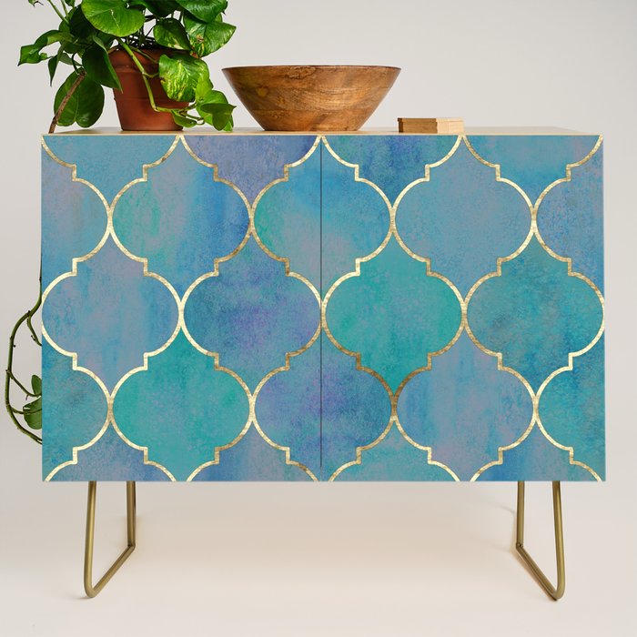 Teal Purple Gold Quatrefoil Moroccan Pattern Credenza Gallery Image 1