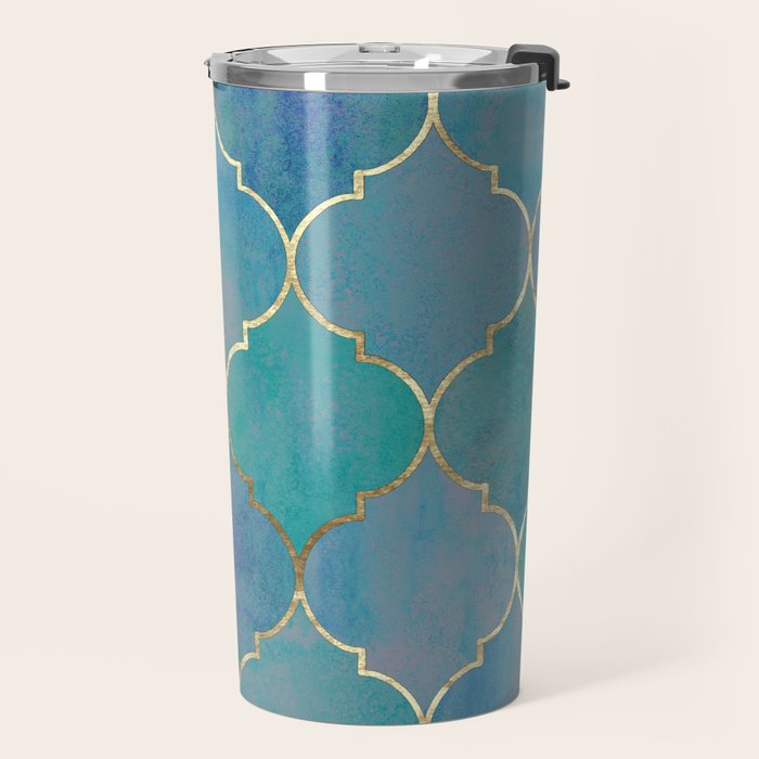 Teal Purple Gold Quatrefoil Moroccan Pattern Travel Mug Gallery Image 2