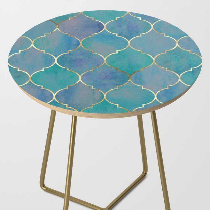 Teal Purple Gold Quatrefoil Moroccan Pattern Side Table Gallery Image 2