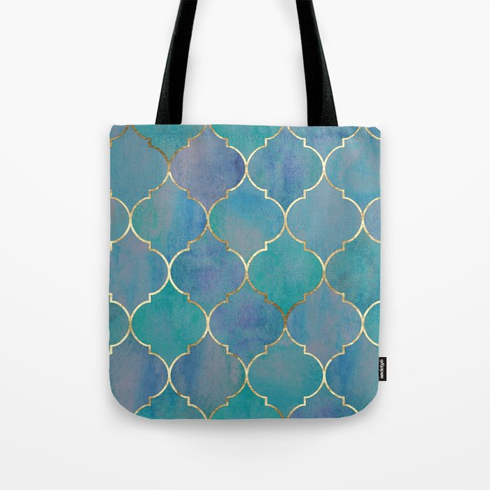 Teal Purple Gold Quatrefoil Moroccan Pattern Tote Bag Gallery Image 1
