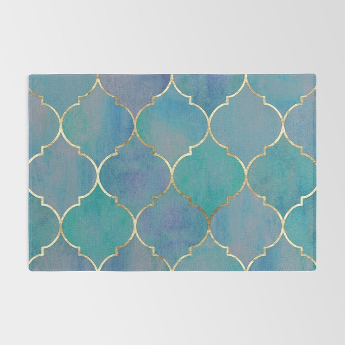 Teal Purple Gold Quatrefoil Moroccan Pattern Rug Gallery Image 2