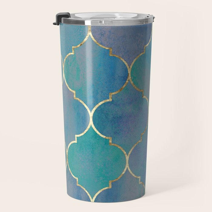 Teal Purple Gold Quatrefoil Moroccan Pattern Travel Mug Gallery Image 3