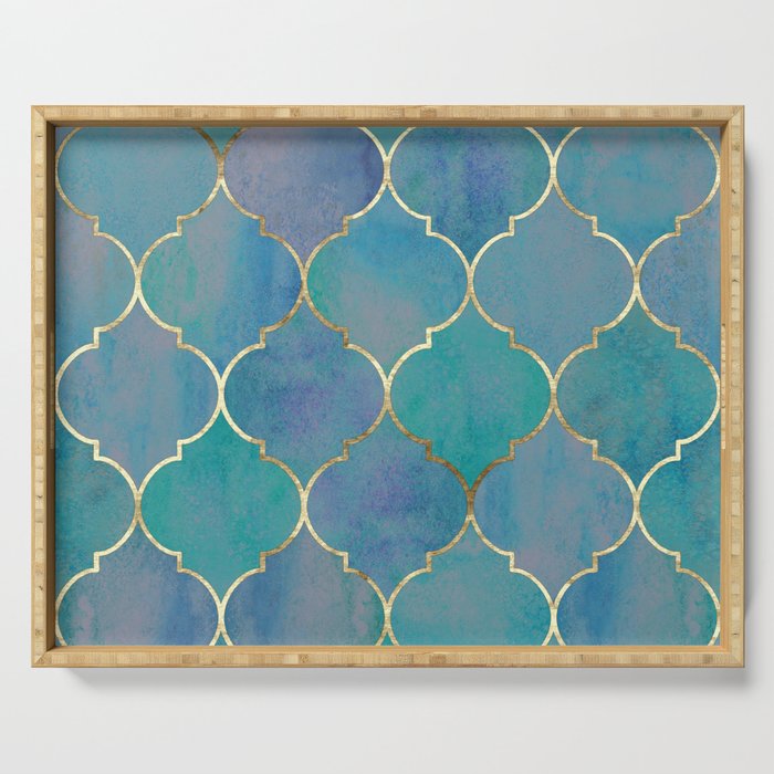 Teal Purple Gold Quatrefoil Moroccan Pattern Serving Tray Gallery Image 1