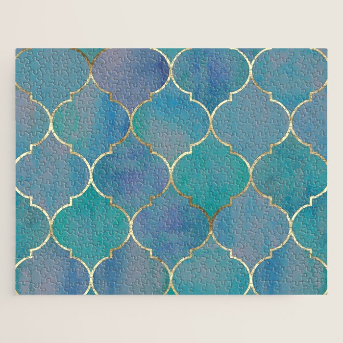 Teal Purple Gold Quatrefoil Moroccan Pattern Jigsaw Puzzle Gallery Image 1