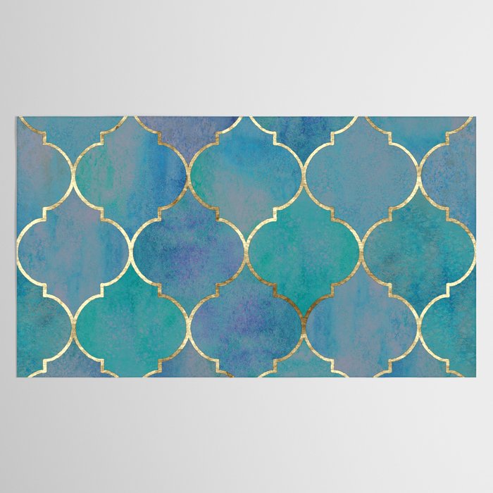 Teal Purple Gold Quatrefoil Moroccan Pattern Tablecloth Gallery Image 2