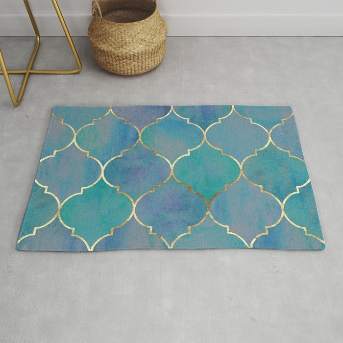 Teal Purple Gold Quatrefoil Moroccan Pattern Rug Gallery Image 1