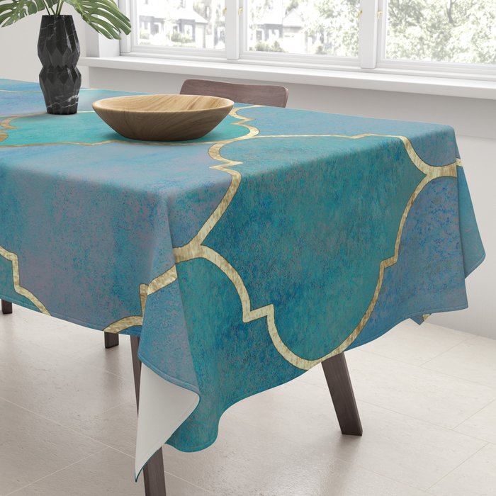 Teal Purple Gold Quatrefoil Moroccan Pattern Tablecloth Gallery Image 3