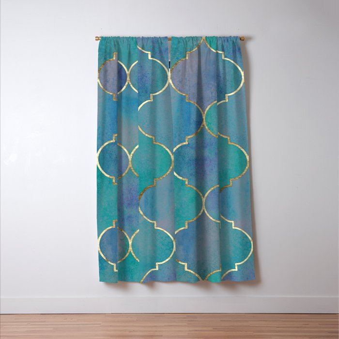 Teal Purple Gold Quatrefoil Moroccan Pattern Window Curtain Gallery Image 3