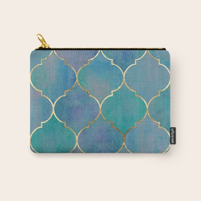 Teal Purple Gold Quatrefoil Moroccan Pattern Carry All Pouch Gallery Image 1