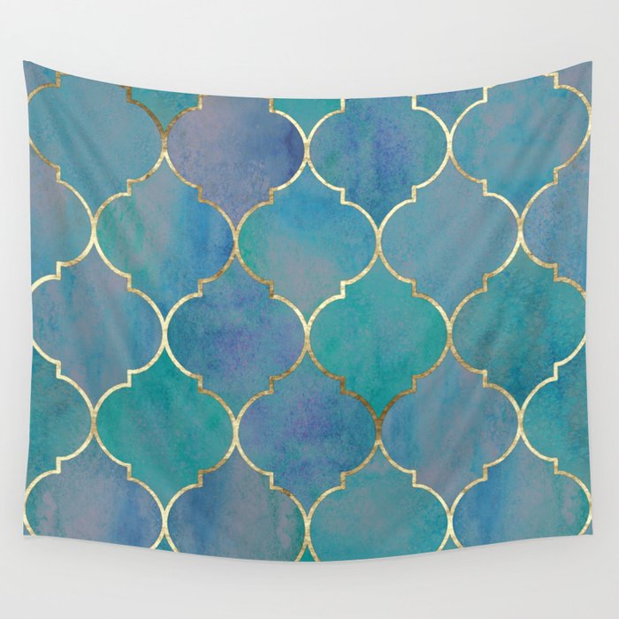 Teal Purple Gold Quatrefoil Moroccan Pattern Wall Tapestry Gallery Image 1