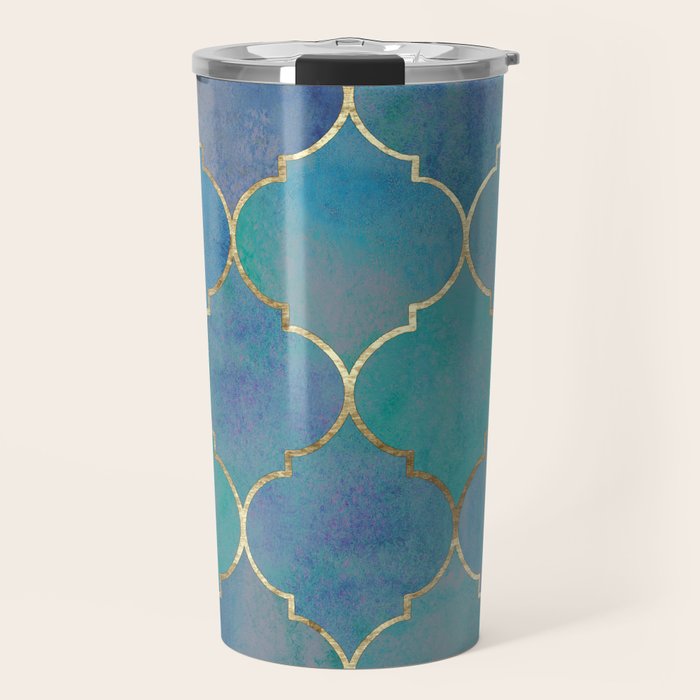 Teal Purple Gold Quatrefoil Moroccan Pattern Travel Mug Gallery Image 1