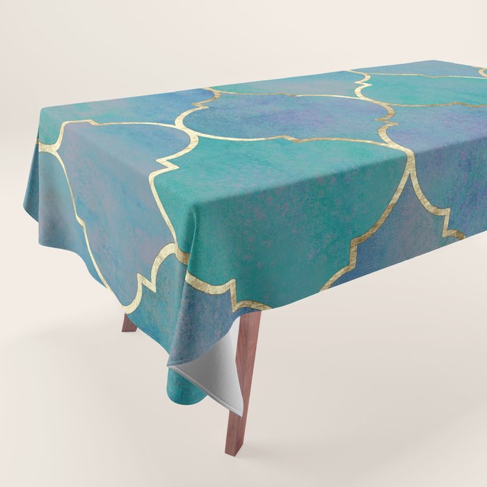 Teal Purple Gold Quatrefoil Moroccan Pattern Tablecloth Gallery Image 1