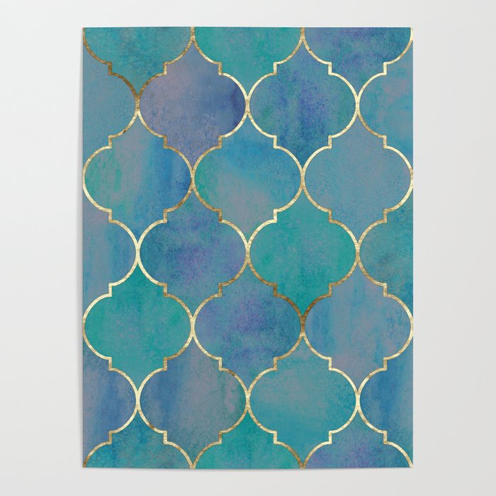 Teal Purple Gold Quatrefoil Moroccan Pattern Poster Gallery Image 4