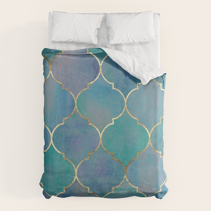 Teal Purple Gold Quatrefoil Moroccan Pattern Duvet Cover Gallery Image 1
