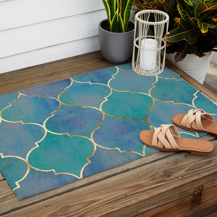 Teal Purple Gold Quatrefoil Moroccan Pattern Outdoor Rug Gallery Image 2