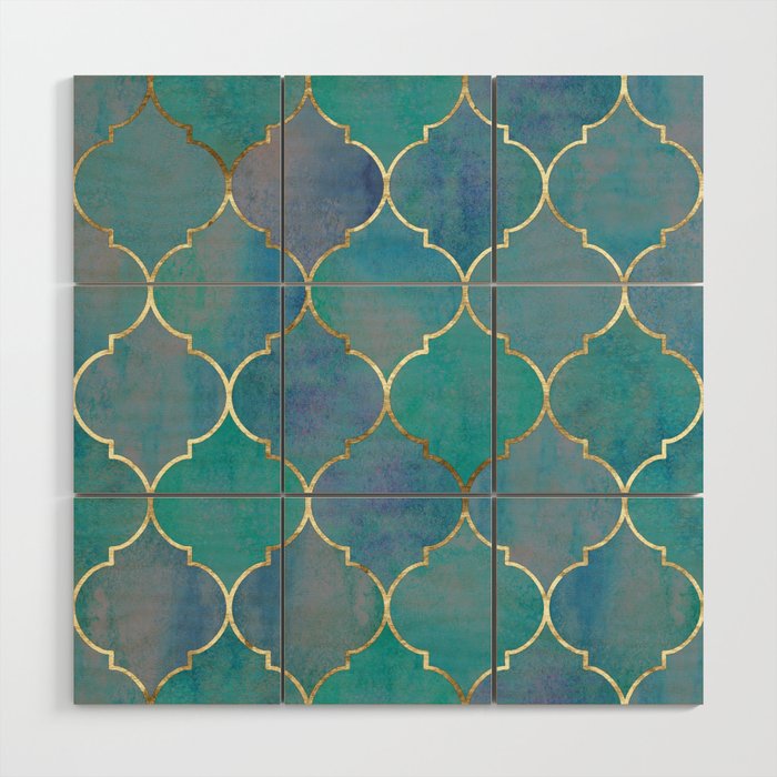 Teal Purple Gold Quatrefoil Moroccan Pattern Wood Wall Art Gallery Image 1