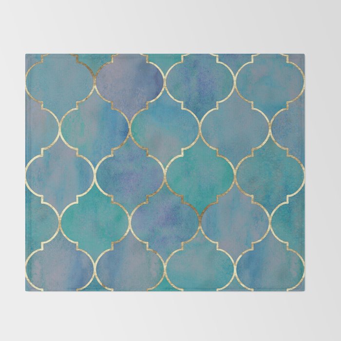 Teal Purple Gold Quatrefoil Moroccan Pattern Throw Blanket Gallery Image 2