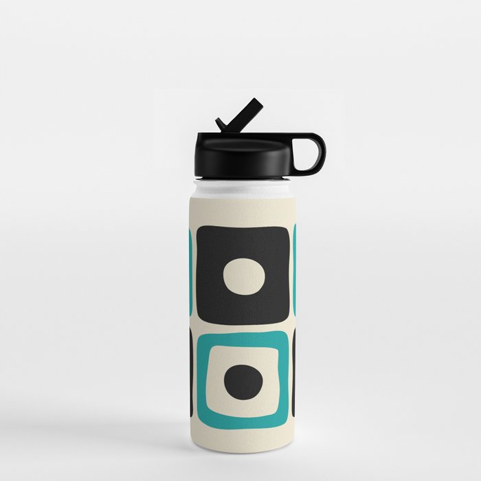 Mid Century Modern Square Dot Pattern 593 Black and Turquoise Water Bottle Gallery Image 1