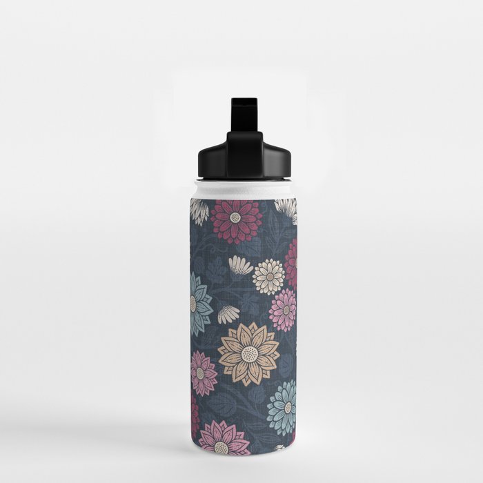 Mums and Vines Floral Burgundy Blues Water Bottle Gallery Image 2