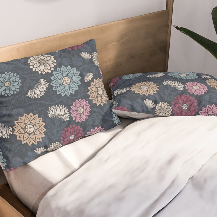 Mums and Vines Floral Burgundy Blues Pillow Sham Gallery Image 2
