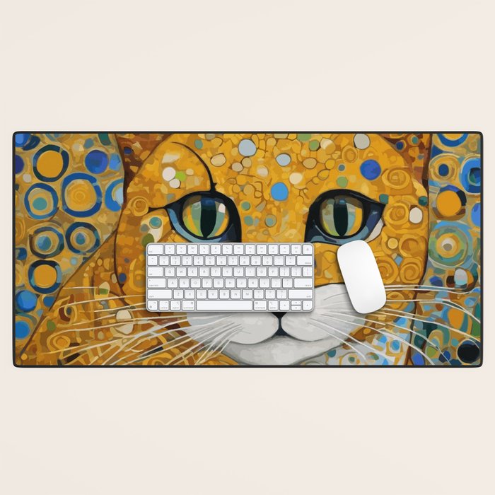 Blue and Gold Klimt Cat with Geometric Patterns Desk Mat Gallery Image 1