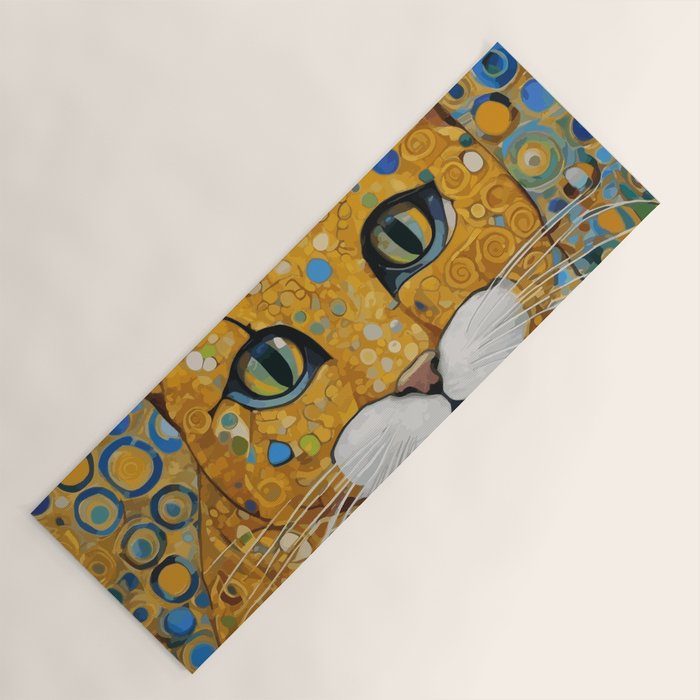 Blue and Gold Klimt Cat with Geometric Patterns Yoga Mat Gallery Image 1