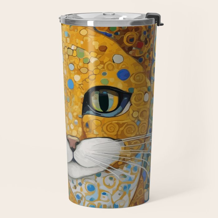 Blue and Gold Klimt Cat with Geometric Patterns Travel Mug Gallery Image 2