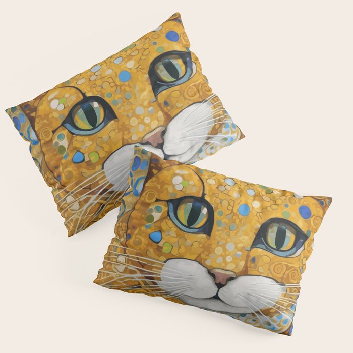 Blue and Gold Klimt Cat with Geometric Patterns Pillow Sham Gallery Image 3