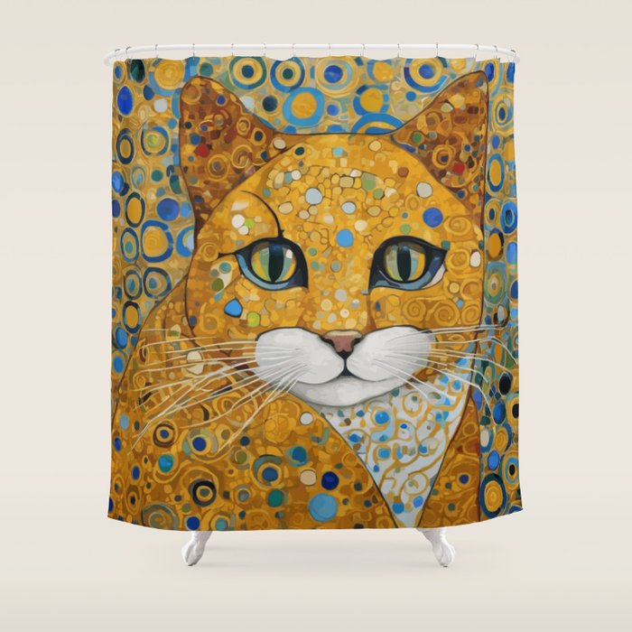 Blue and Gold Klimt Cat with Geometric Patterns Shower Curtain Gallery Image 1