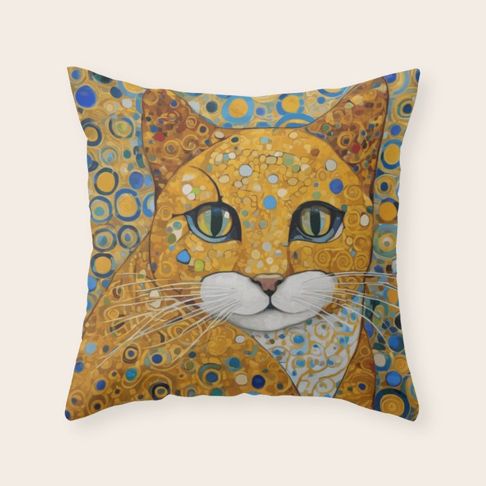 Blue and Gold Klimt Cat with Geometric Patterns Throw Pillow Gallery Image 6
