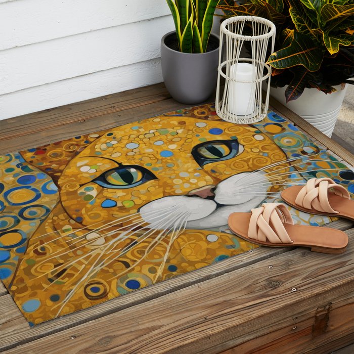 Blue and Gold Klimt Cat with Geometric Patterns Outdoor Rug Gallery Image 2