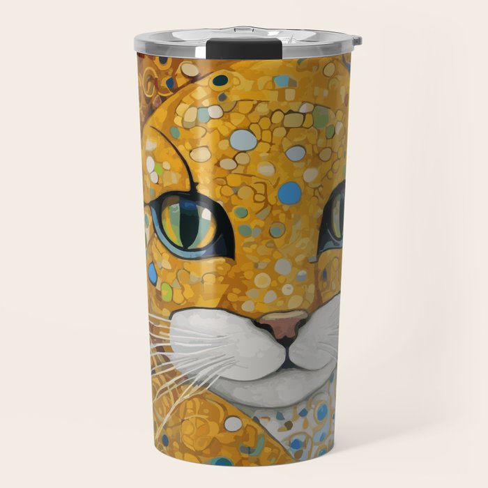Blue and Gold Klimt Cat with Geometric Patterns Travel Mug Gallery Image 1