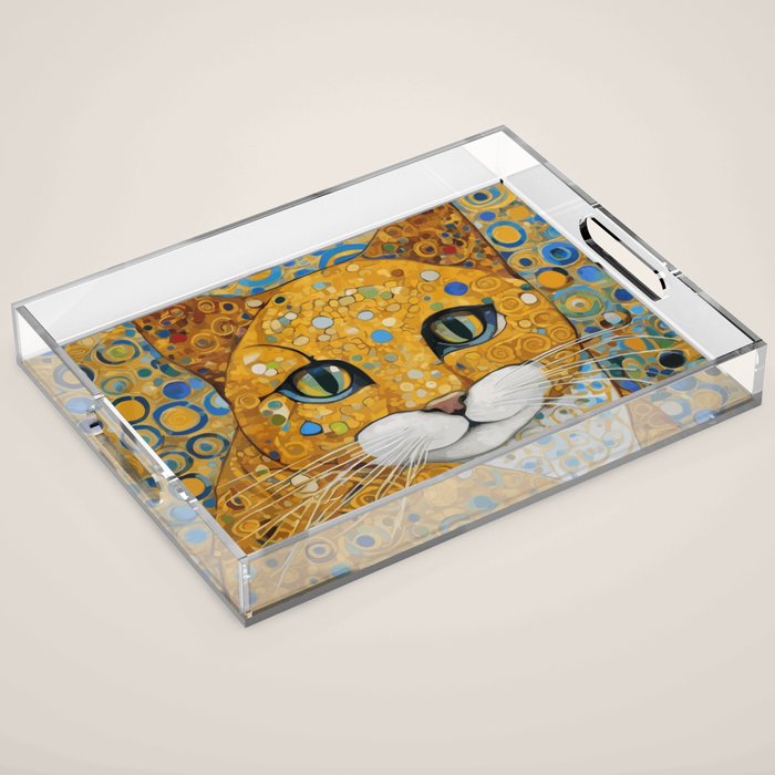 Blue and Gold Klimt Cat with Geometric Patterns Acrylic Tray Gallery Image 1