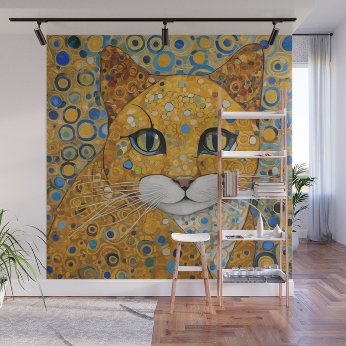 Blue and Gold Klimt Cat with Geometric Patterns Wall Mural Gallery Image 1