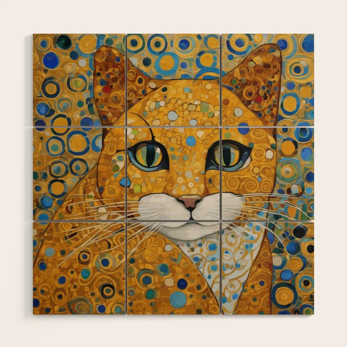 Blue and Gold Klimt Cat with Geometric Patterns Wood Wall Art Gallery Image 1
