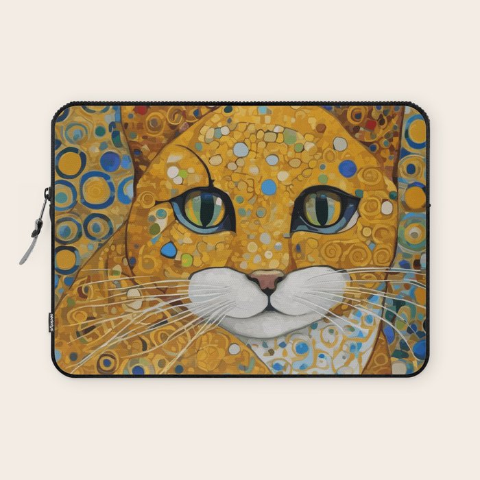 Blue and Gold Klimt Cat with Geometric Patterns Laptop Sleeve Gallery Image 1