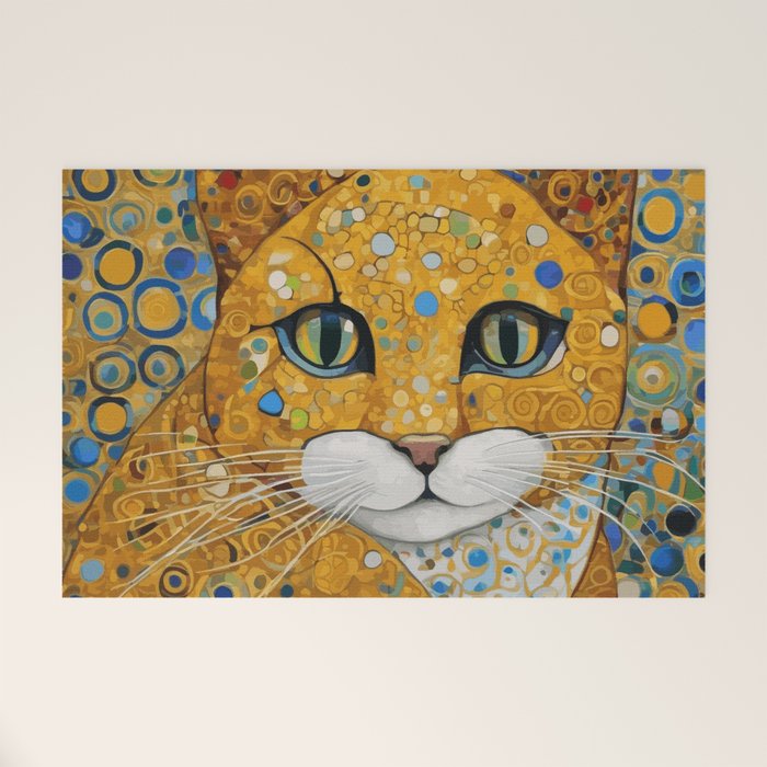 Blue and Gold Klimt Cat with Geometric Patterns Welcome Mat Gallery Image 1