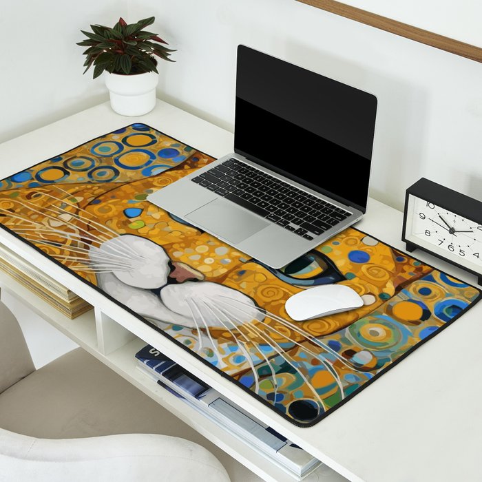 Blue and Gold Klimt Cat with Geometric Patterns Desk Mat Gallery Image 2
