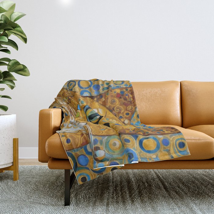 Blue and Gold Klimt Cat with Geometric Patterns Throw Blanket Gallery Image 1