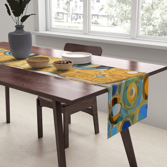 Blue and Gold Klimt Cat with Geometric Patterns Table Runner Gallery Image 2
